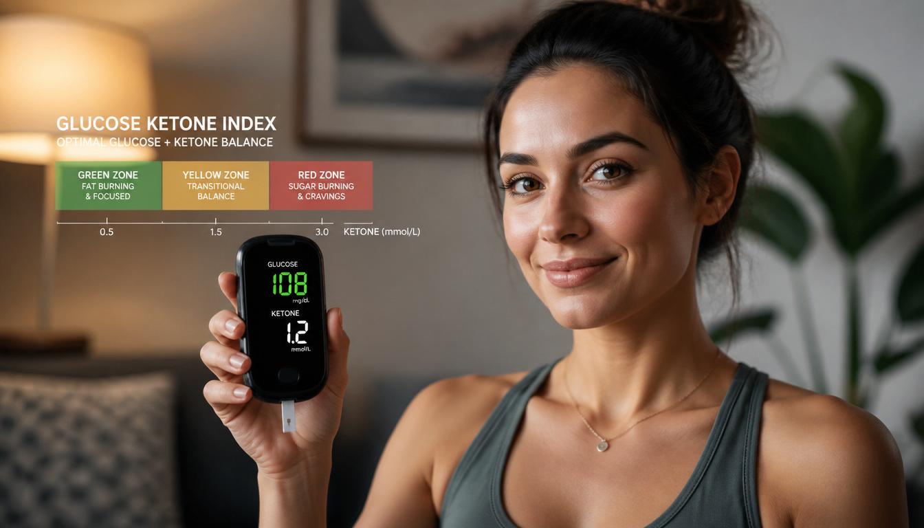 A person holding a blood glucose meter showing a reading, with a visual overlay showing three colored zones (green, yellow, red) representing the Glucose Ketone Index. The person looks empowered and in control. Hopeful and actionable mood. A person holding a blood glucose meter showing a reading, with a visual overlay showing three colored zones (green, yellow, red) representing the Glucose Ketone Index. The person looks empowered and in control. Hopeful and actionable mood.