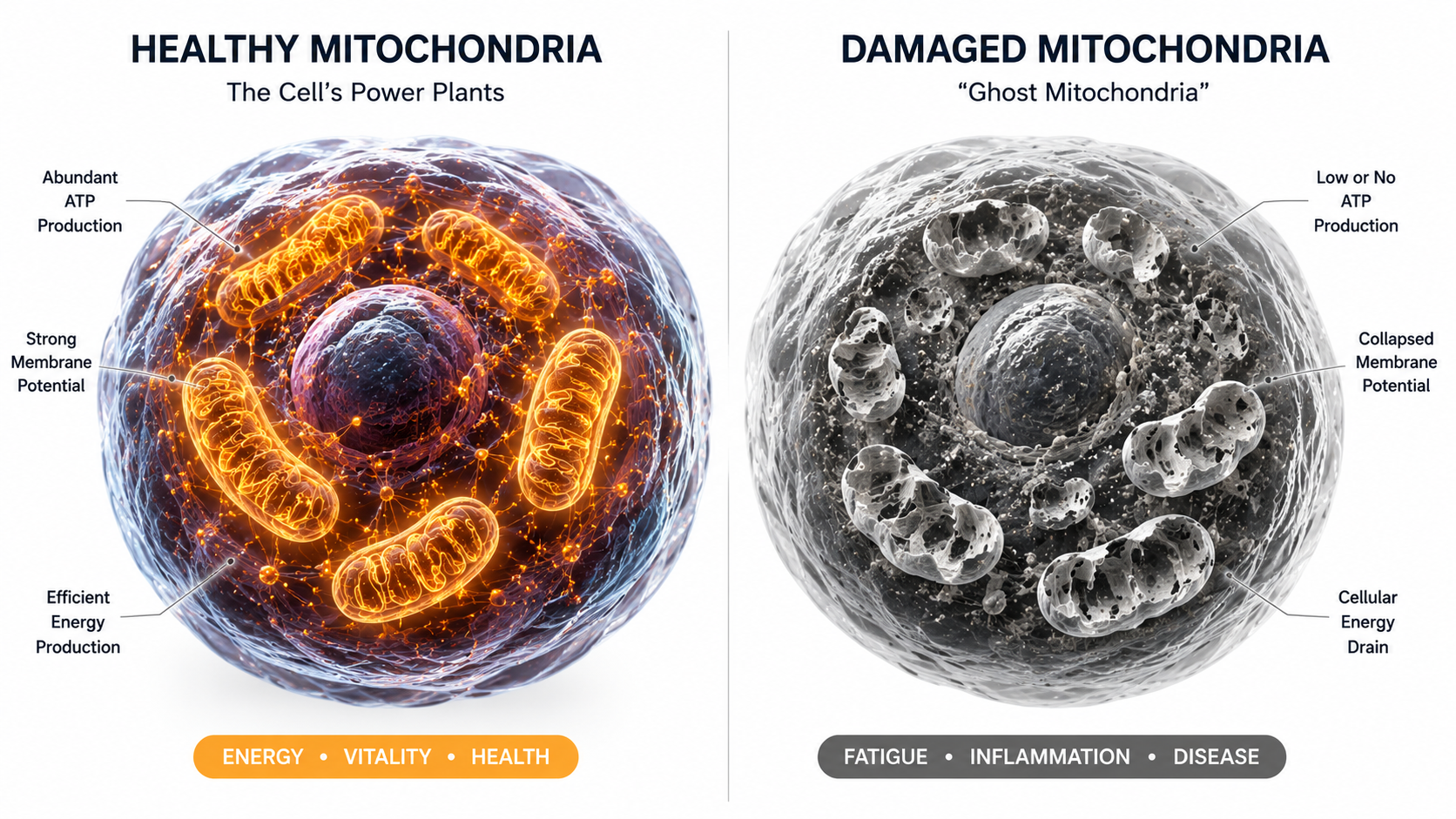 Split-screen comparison showing healthy mitochondria (left) versus damaged "ghost mitochondria" (right). Left side: vibrant, tubular network mitochondria in orange/gold. Right side: deformed, empty mitochondrial shells in gray. Scientific illustration style but photorealistic Split-screen comparison showing healthy mitochondria (left) versus damaged "ghost mitochondria" (right). Left side: vibrant, tubular network mitochondria in orange/gold. Right side: deformed, empty mitochondrial shells in gray. Scientific illustration style but photorealistic