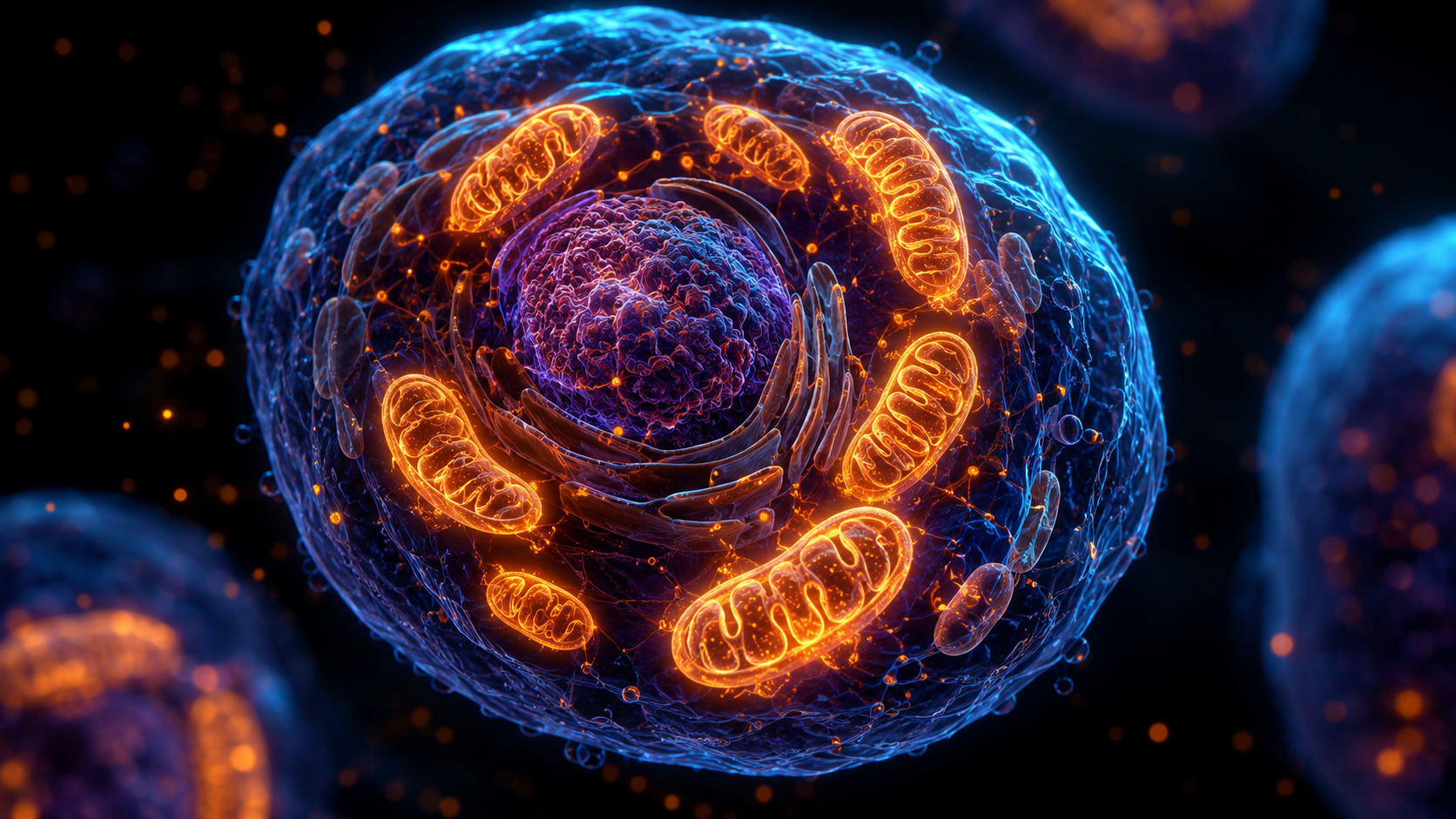 A close-up, dramatic photograph of a human cell with glowing mitochondria visible inside, rendered in vibrant orange and blue tones. The mitochondria should appear as bean-shaped organelles with internal tubular networks, illuminated like tiny power plants. Dark background with bioluminescent quality. Scientific accuracy meets artistic beauty. A close-up, dramatic photograph of a human cell with glowing mitochondria visible inside, rendered in vibrant orange and blue tones. The mitochondria should appear as bean-shaped organelles with internal tubular networks, illuminated like tiny power plants. Dark background with bioluminescent quality. Scientific accuracy meets artistic beauty.