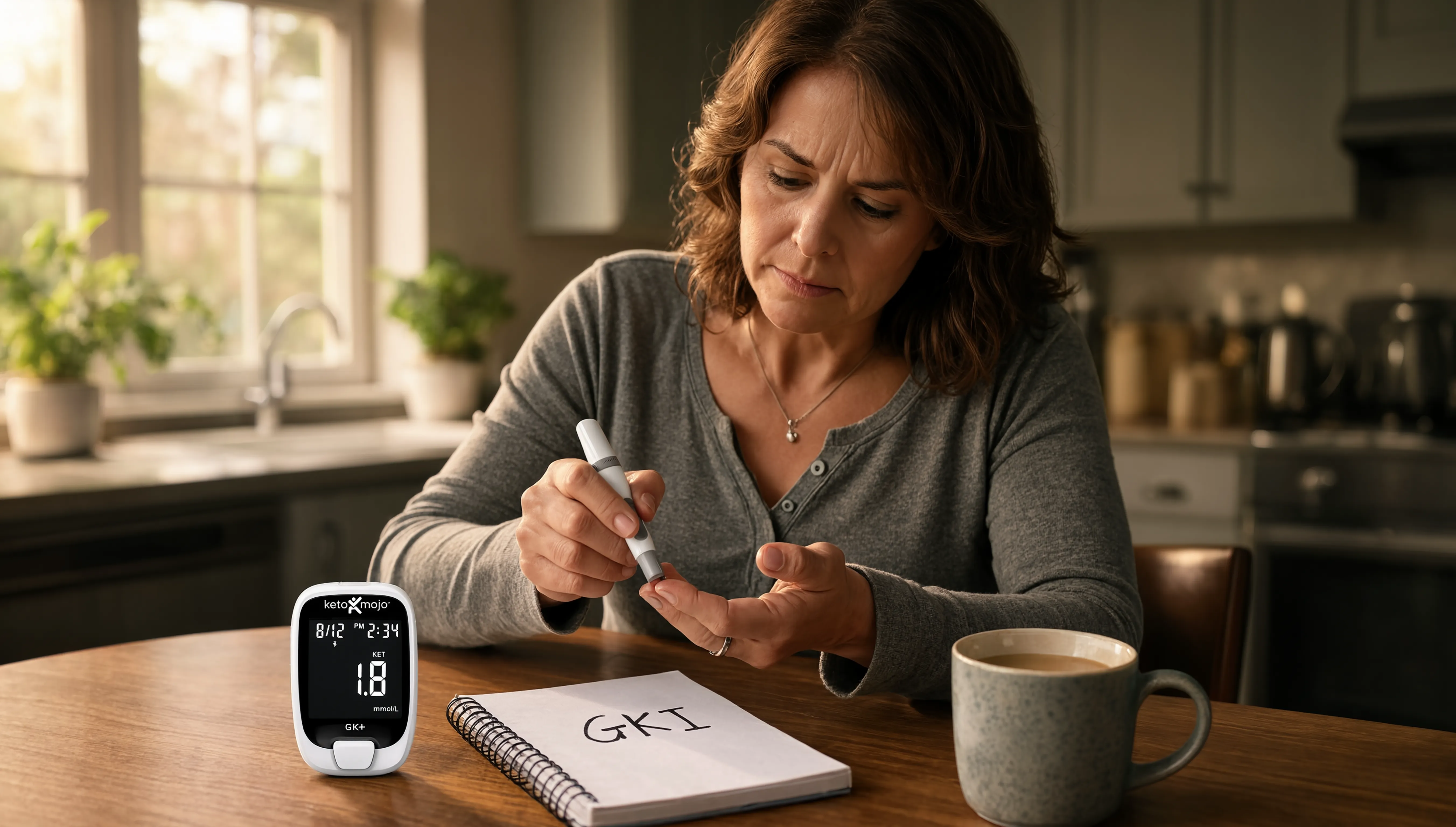 A determined woman in her 50s sitting at a kitchen table in warm morning light, pricking her finger with a glucose meter. On the table: a Keto Mojo device, a notebook with "GKI" written on it, and a cup of coffee. Her expression shows determination and hope. A determined woman in her 50s sitting at a kitchen table in warm morning light, pricking her finger with a glucose meter. On the table: a Keto Mojo device, a notebook with "GKI" written on it, and a cup of coffee. Her expression shows determination and hope.