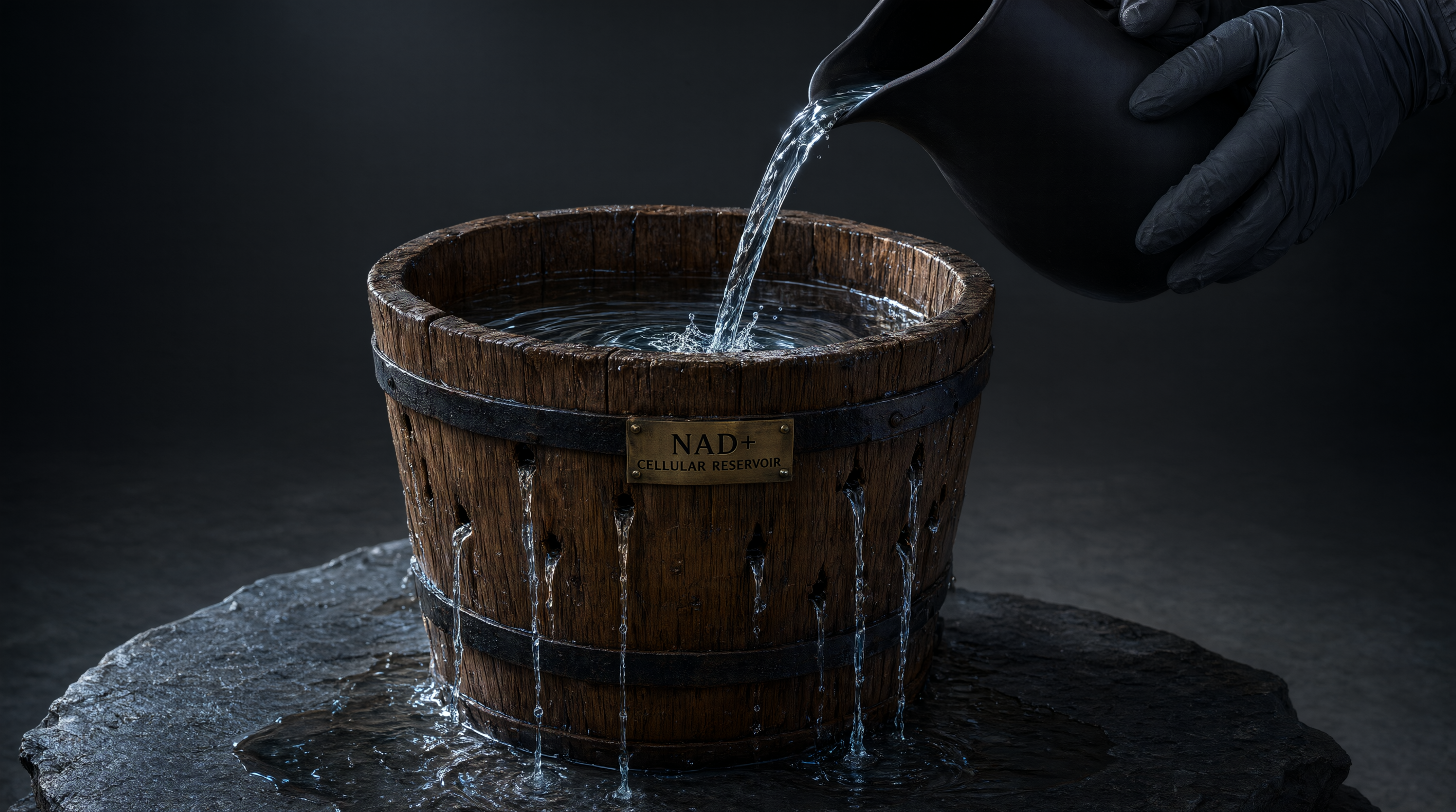 Photorealistic artistic concept: A wooden bucket with small holes, water (representing NAD+) leaking out, while someone pours more water in from above. Dramatic lighting, symbolic of inflammation draining cellular energy. Photorealistic artistic concept: A wooden bucket with small holes, water (representing NAD+) leaking out, while someone pours more water in from above. Dramatic lighting, symbolic of inflammation draining cellular energy.