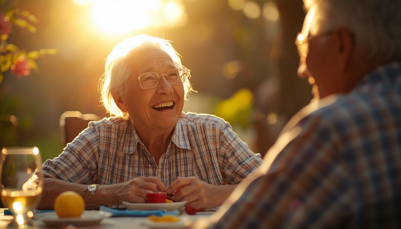 An elderly person (80s-90s) laughing and engaged in conversation at a sunlit table, vibrant and alive. Represents maintained vitality through cellular repair. Warm, golden-hour lighting. An elderly person (80s-90s) laughing and engaged in conversation at a sunlit table, vibrant and alive. Represents maintained vitality through cellular repair. Warm, golden-hour lighting.