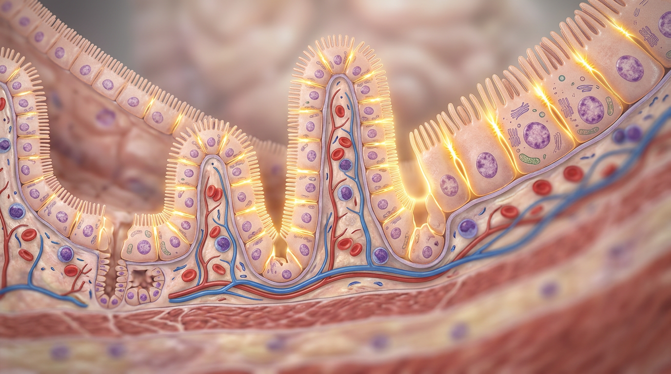 Photorealistic medical-illustration-style cross-section of the intestinal lining, showing tight junctions between cells glowing with a protective golden barrier, set against a soft-focus anatomical background. Photorealistic medical-illustration-style cross-section of the intestinal lining, showing tight junctions between cells glowing with a protective golden barrier, set against a soft-focus anatomical background.