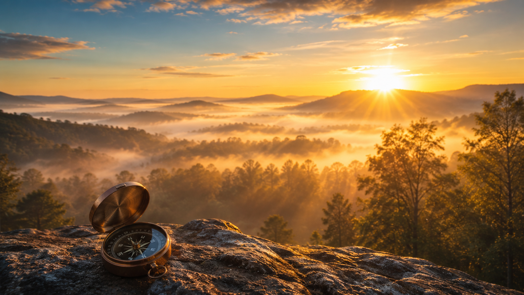 Photorealistic sunrise over a calm, misty landscape with golden light breaking through. Symbolizes renewal, clarity, and strategic preparation. Warm amber and soft blue tones. Photorealistic sunrise over a calm, misty landscape with golden light breaking through. Symbolizes renewal, clarity, and strategic preparation. Warm amber and soft blue tones.
