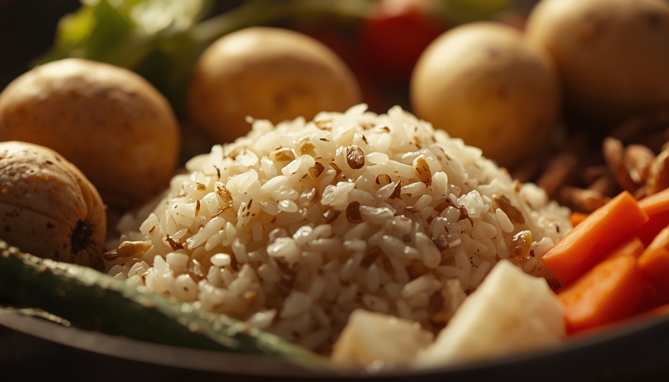 Photorealistic close-up of wholesome foods: brown rice, cooled potatoes, fiber-rich vegetables. Warm, inviting kitchen lighting. Represents gut-supporting nutrition that produces butyrate. Natural, organic aesthetic. Photorealistic close-up of wholesome foods: brown rice, cooled potatoes, fiber-rich vegetables. Warm, inviting kitchen lighting. Represents gut-supporting nutrition that produces butyrate. Natural, organic aesthetic.