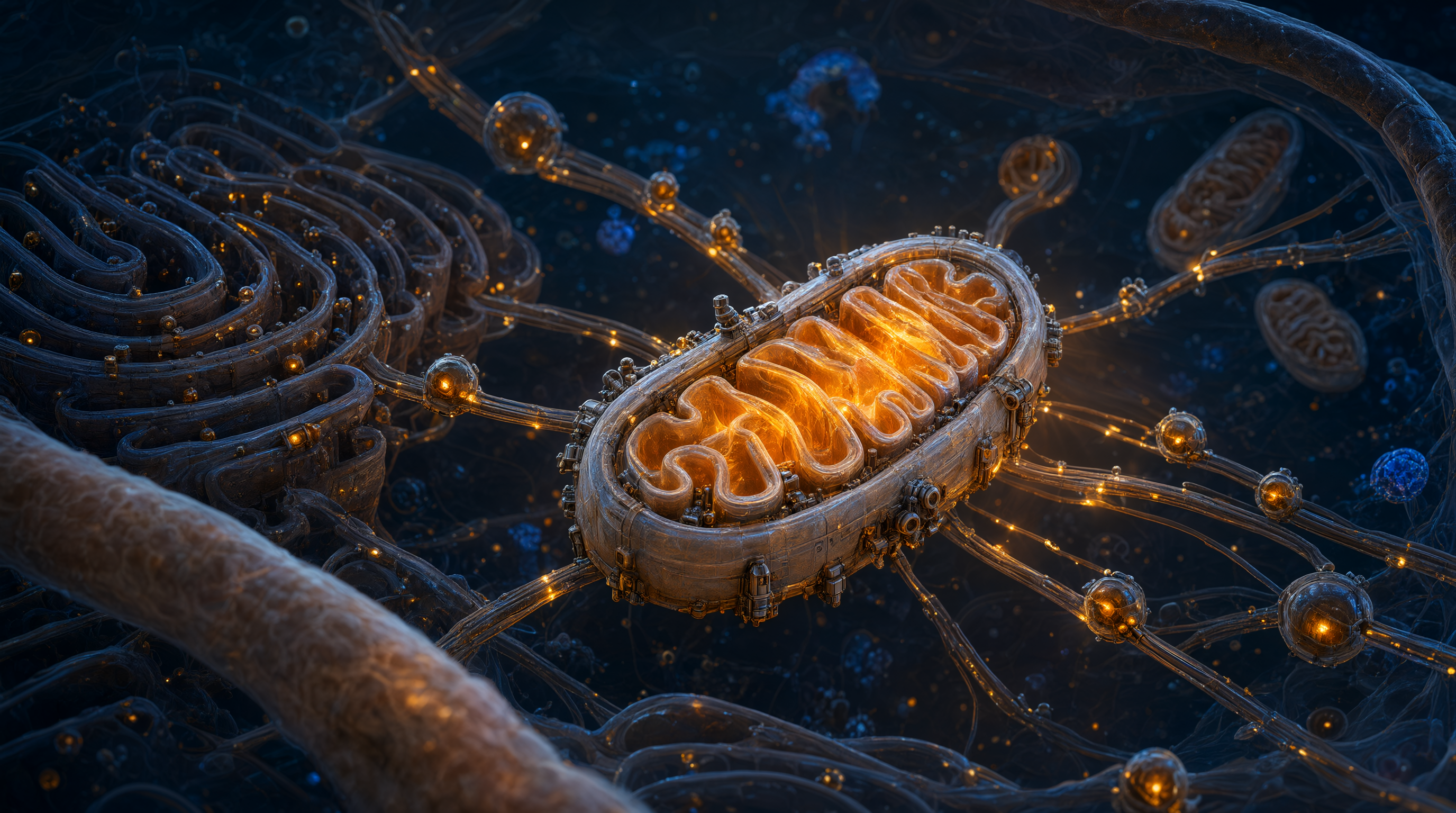 Photorealistic macro/scientific illustration of glowing mitochondria inside a translucent human cell, rendered like miniature power plants with warm amber light radiating outward through cellular structures. Deep blue-black background, bioluminescent quality. Photorealistic macro/scientific illustration of glowing mitochondria inside a translucent human cell, rendered like miniature power plants with warm amber light radiating outward through cellular structures. Deep blue-black background, bioluminescent quality.