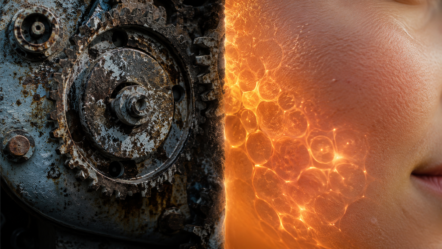 A photorealistic split composition — left half shows a rusting, weathered vintage machine part (gears, corroded metal) in cool blue-gray tones; right half shows a close-up of vibrant, healthy human skin/cells with warm golden light, subtle glowing energy just beneath the surface. A photorealistic split composition — left half shows a rusting, weathered vintage machine part (gears, corroded metal) in cool blue-gray tones; right half shows a close-up of vibrant, healthy human skin/cells with warm golden light, subtle glowing energy just beneath the surface.
