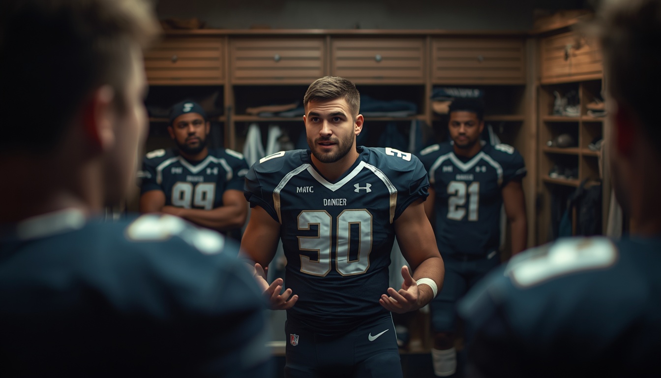 A leader of a football team, standing in front of a small team in a locker room, speaking with conviction after a tough loss, teammates listening closely, emotional authenticity, resilience and ownership theme. A leader of a football team, standing in front of a small team in a locker room, speaking with conviction after a tough loss, teammates listening closely, emotional authenticity, resilience and ownership theme.