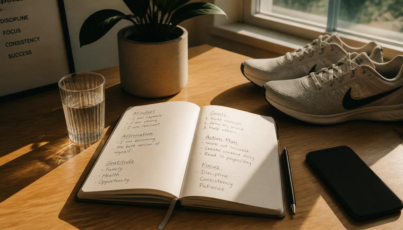 A morning workspace scene, journal open with handwritten notes, water glass, running shoes, phone facedown, sunlight hitting the desk, intentional habit-building environment, calm but powerful energy. A morning workspace scene, journal open with handwritten notes, water glass, running shoes, phone facedown, sunlight hitting the desk, intentional habit-building environment, calm but powerful energy.