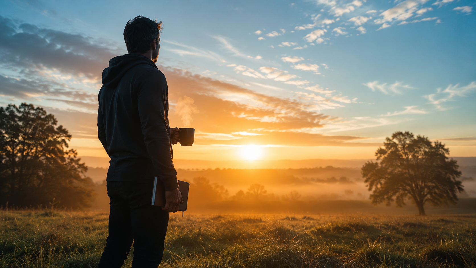 A sunrise scene, strong masculine motivational energy coach silhouette standing tall with coffee and journal, city skyline in soft dawn light, hope and discipline mood. A sunrise scene, strong masculine motivational energy coach silhouette standing tall with coffee and journal, city skyline in soft dawn light, hope and discipline mood.
