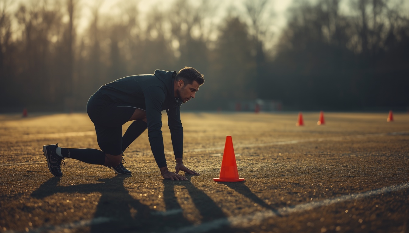 An athlete grinding through an early morning training session on an empty field, visible breath in cold air, intense focus, cones and chalk lines, disciplined repetition. An athlete grinding through an early morning training session on an empty field, visible breath in cold air, intense focus, cones and chalk lines, disciplined repetition.