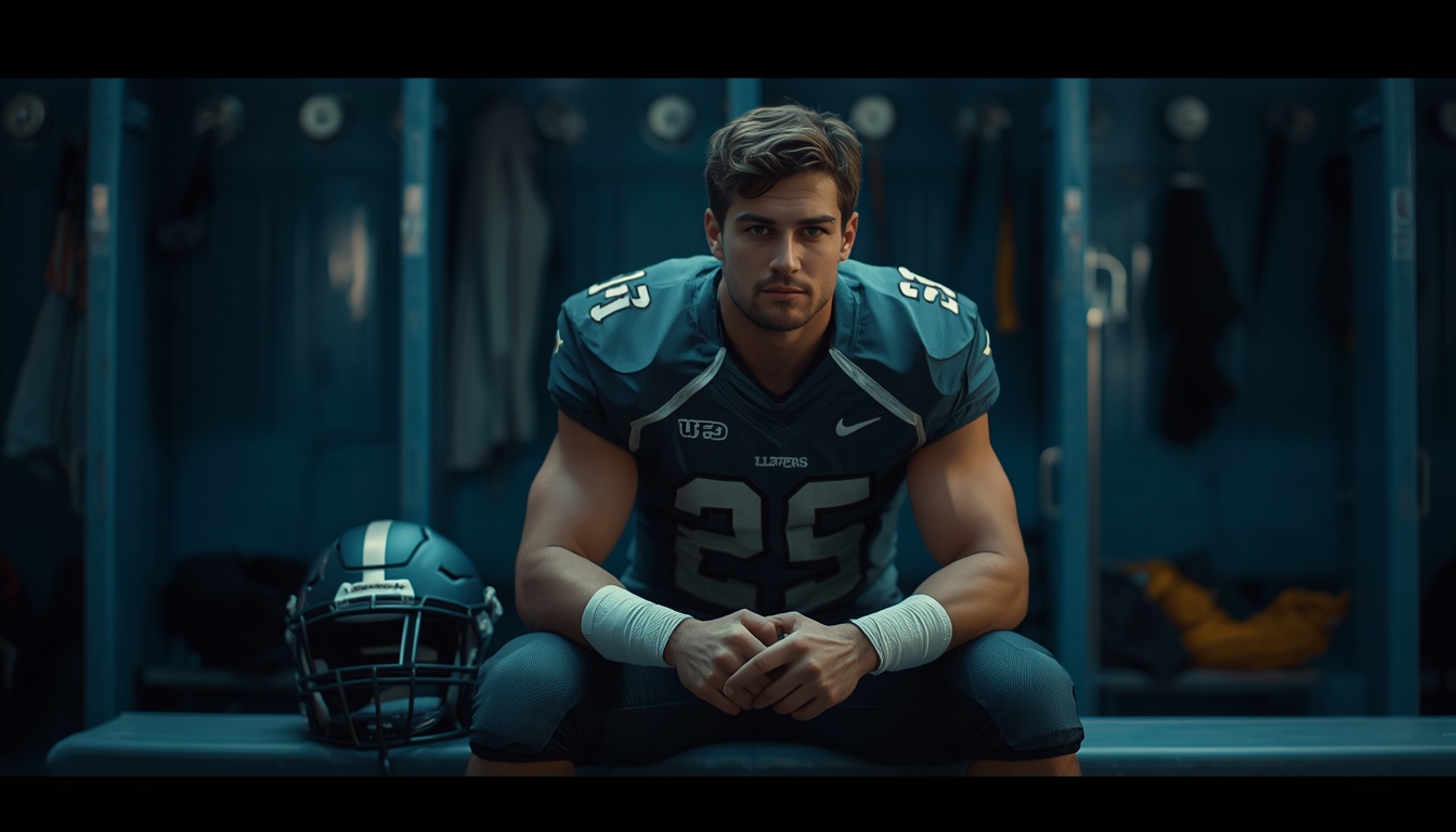 An overlooked athlete sitting alone on a locker room bench before sunrise practice, helmet beside him, focused expression, quiet determination. An overlooked athlete sitting alone on a locker room bench before sunrise practice, helmet beside him, focused expression, quiet determination.