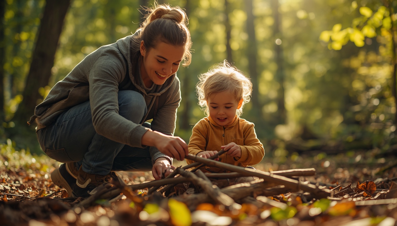 A parent and young child playing together on the forest floor, engaged in creative, screen-free play, symbolizing presence and the importance of nature-based connection in parenting.