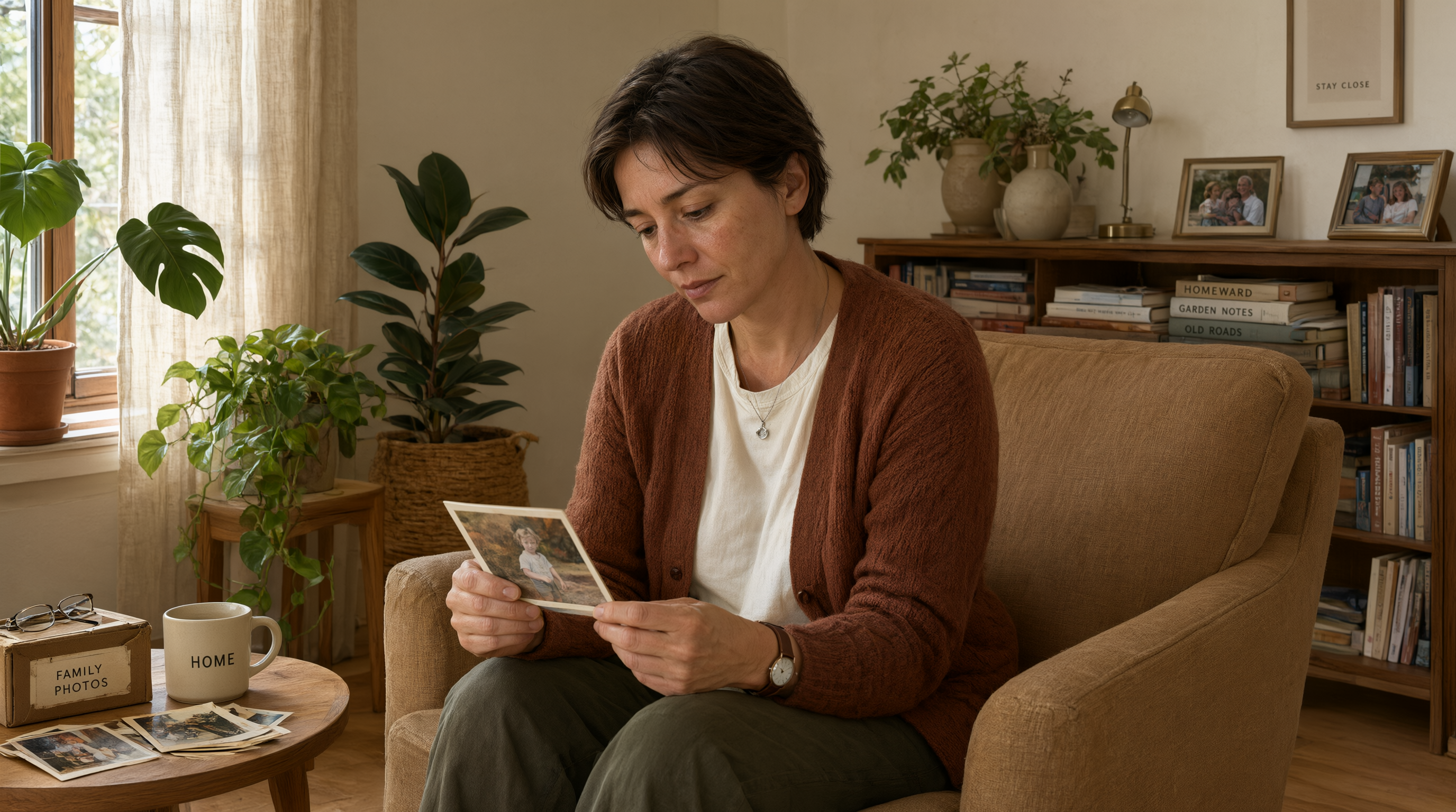 A person sitting with an old photo feeling controlled by thoughts of the past A person sitting with an old photo feeling controlled by thoughts of the past