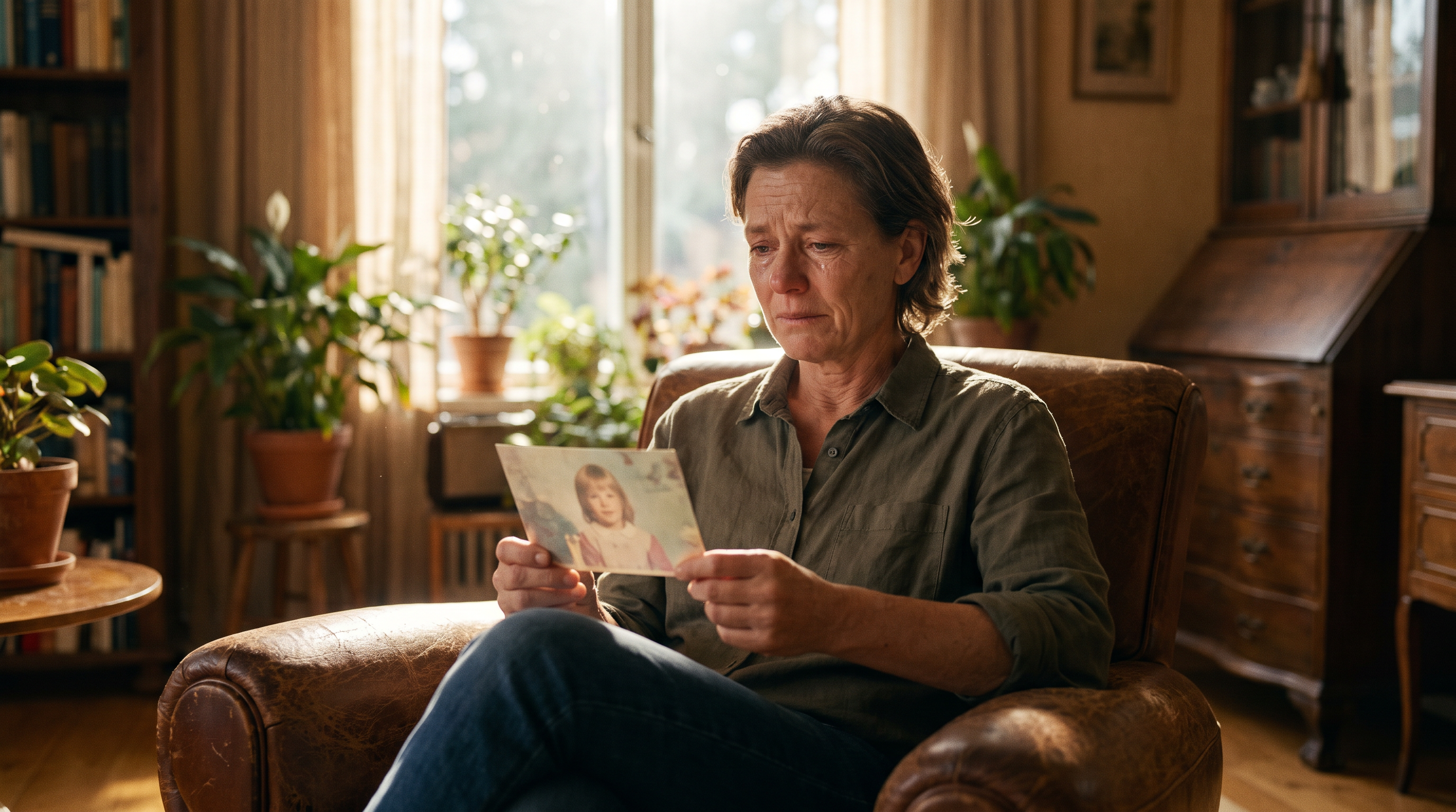 An adult sitting in a peaceful, sunlit room holding a childhood photograph, engaged in quiet reflection and self-compassion to heal past emotional wounds.