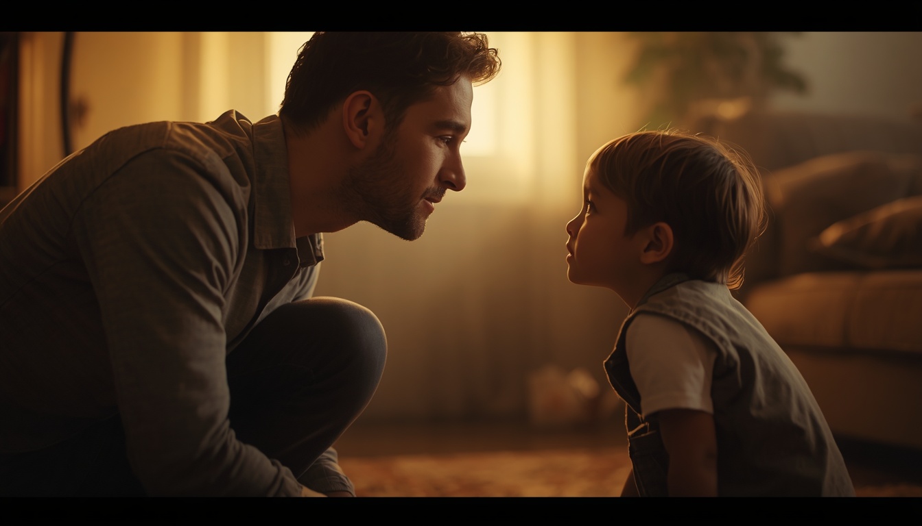 An adult man kneeling to talk at eye level with his seven-year-old self in a dreamlike, warm space, symbolizing healing the inner child through compassionate dialogue.