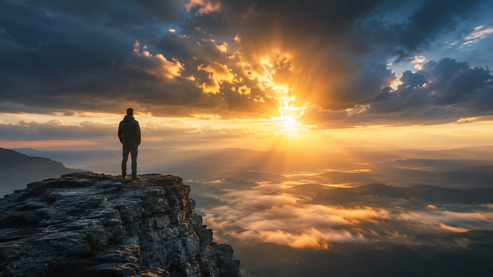A person standing on a rocky cliff edge overlooking a misty valley at dawn, bathed in golden morning light, symbolizing personal breakthrough and moving from darkness to clarity.