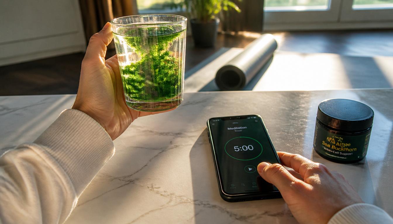 Morning routine setup showing integration of nutritional support, hydration, and mindfulness practice for optimal stem cell mobilization and stress reduction.