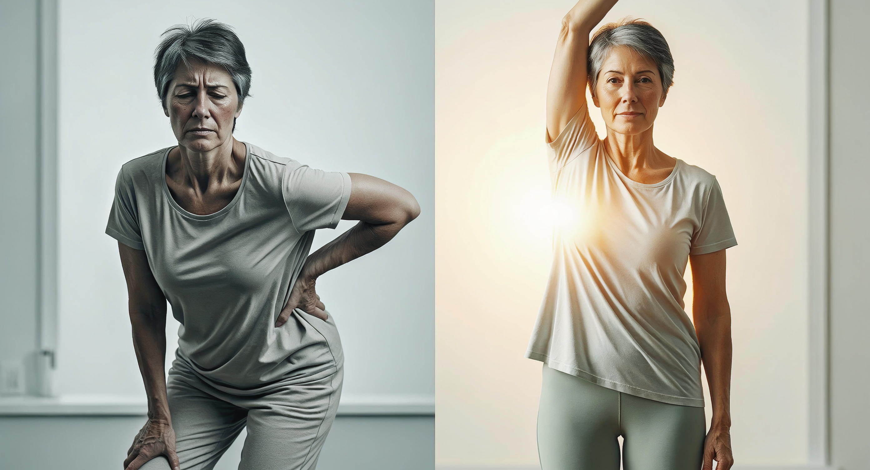 Contrast between depleted state with chronic pain versus activated regenerative health state demonstrating stem cell mobilization potential.