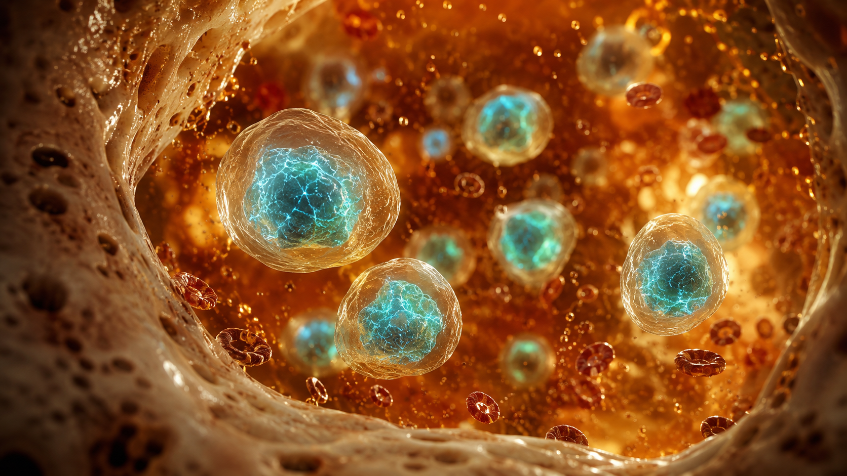 Glowing stem cells activating within bone marrow cavity representing internal repair systems and regenerative medicine potential.