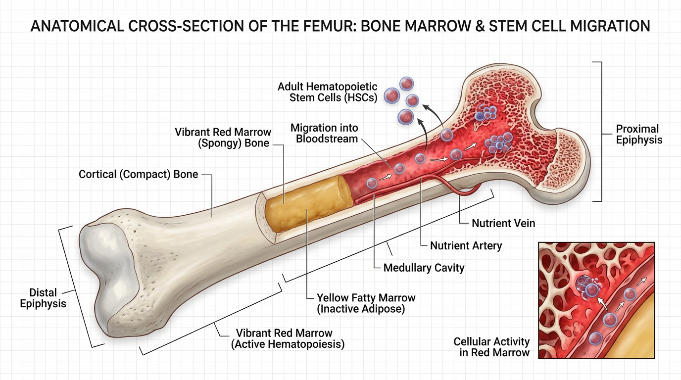 Anatomical diagram showing red bone marrow converting to fatty yellow marrow over time, illustrating natural decline in stem cell production with aging.