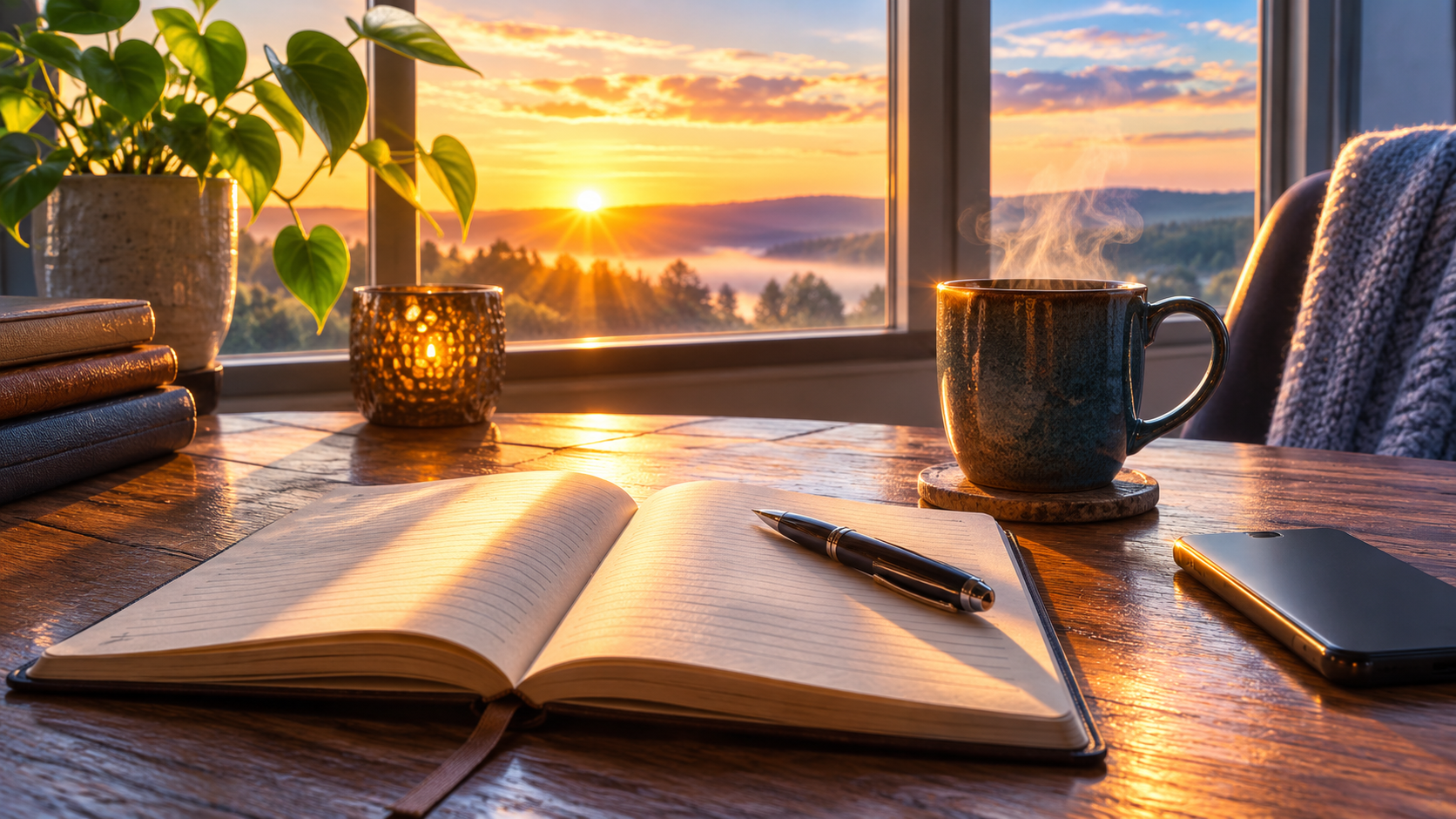 Morning notebook and coffee at sunrise representing self-reflection and breaking old family patterns. Morning notebook and coffee at sunrise representing self-reflection and breaking old family patterns.