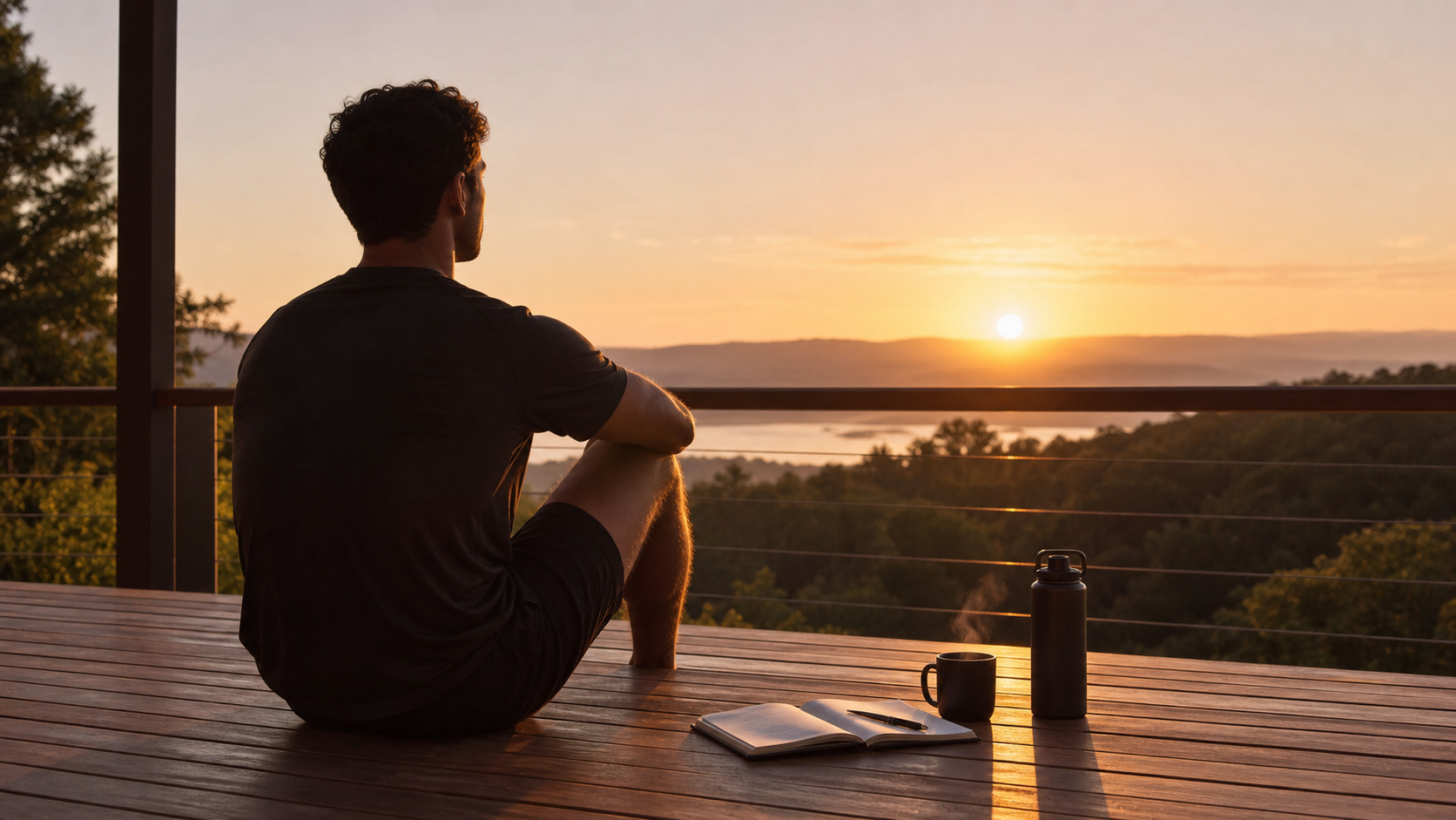 Peaceful morning routine setup with a journal and coffee overlooking a sunrise for morning mindset priming.