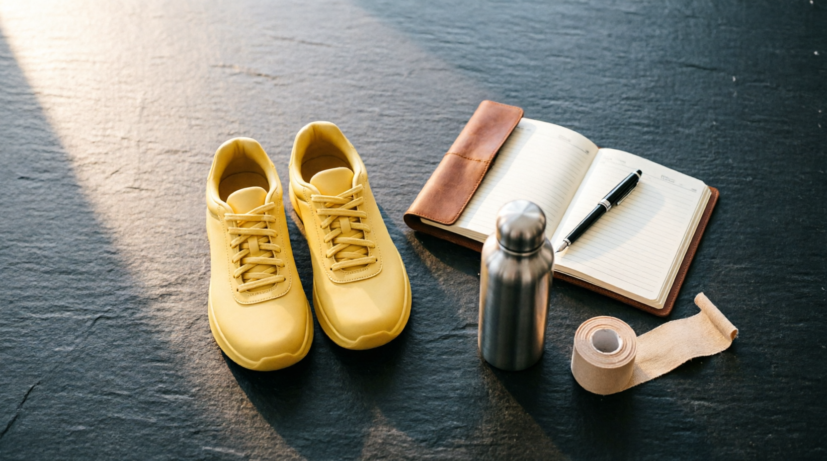 Organized athletic gear, workout logbook, and training accessories ready for a morning workout routine.