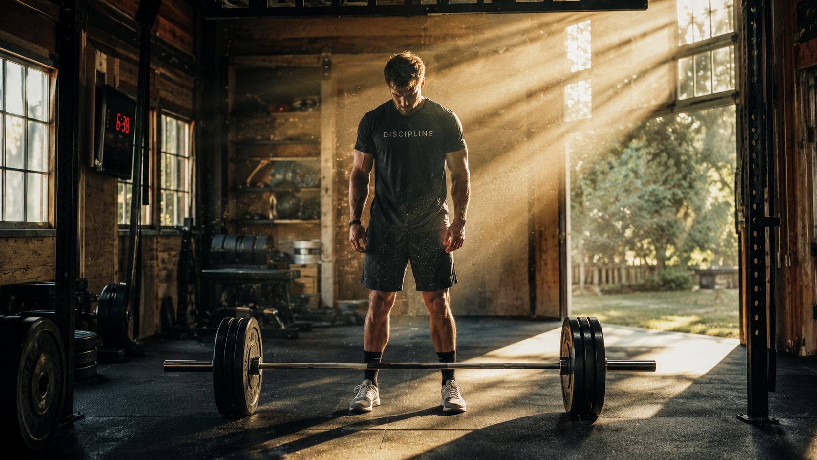 Athlete preparing for functional strength training with a barbell in a sunlit morning gym.