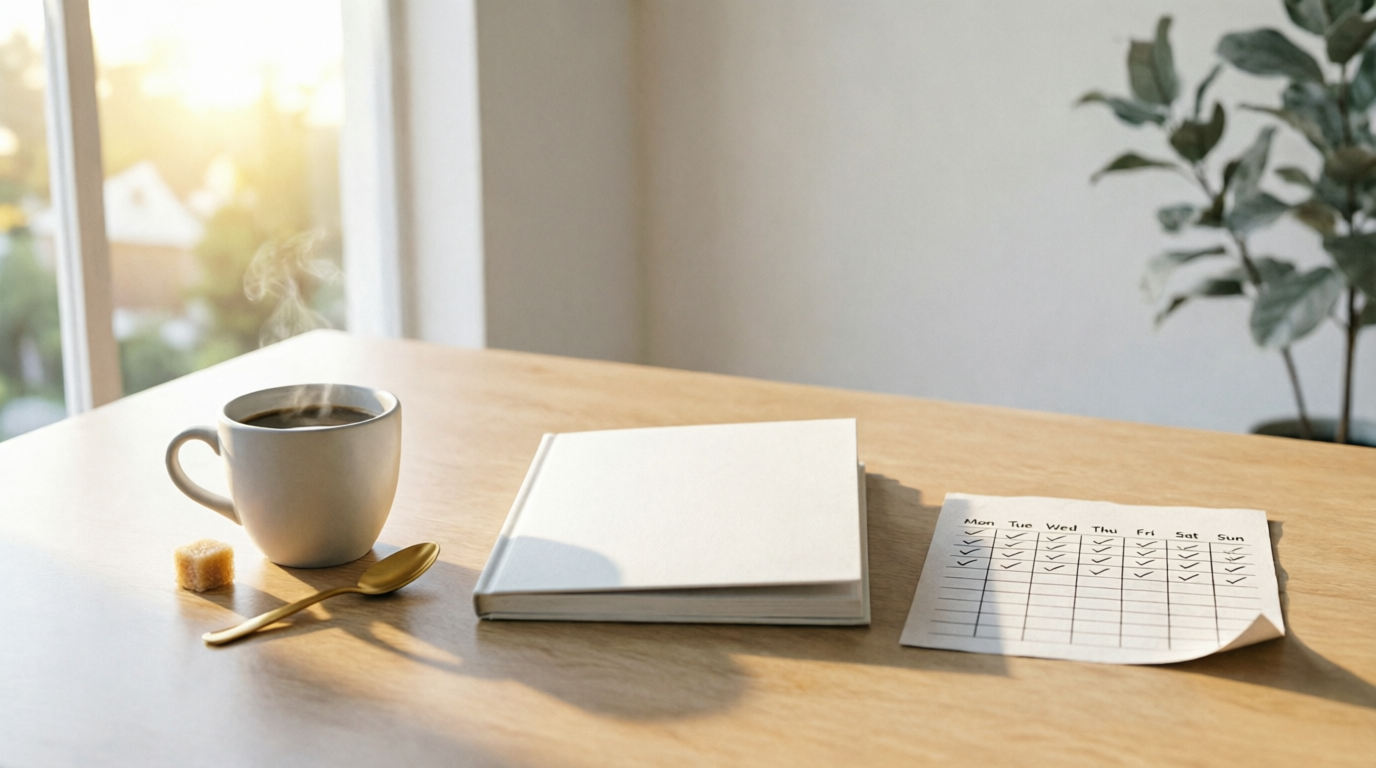 Minimalist organized workspace with habit tracker notebook and morning coffee representing environment design for excellence