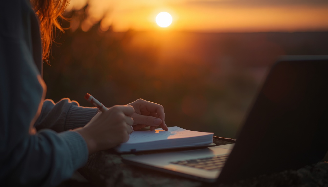 Person journaling at sunrise with peaceful determination representing presence practice and flow state morning routine.