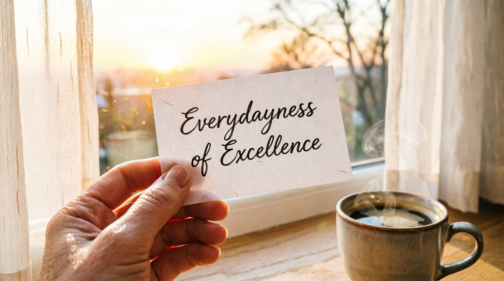 Hand holding card with everydayness of excellence message representing small wins and confidence building practice.