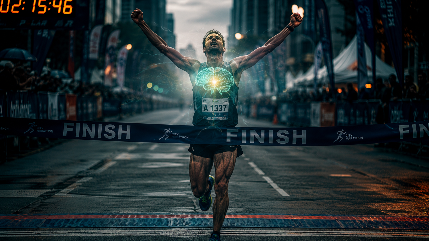Athlete crossing marathon finish line strong and alive representing the central governor hypothesis and human potential upgrade morning motivation!