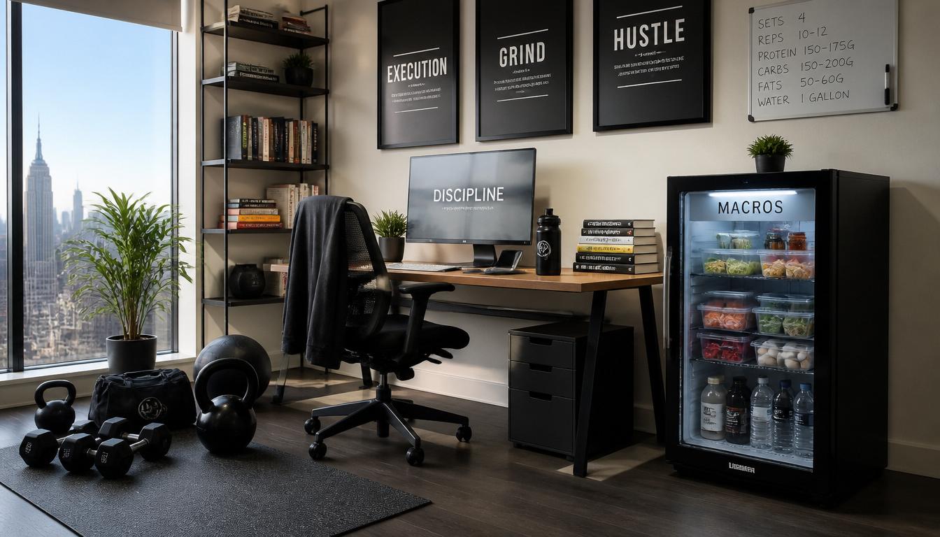 Engineered high-performance office environment with healthy food, workout gear, and organized workspace for success!