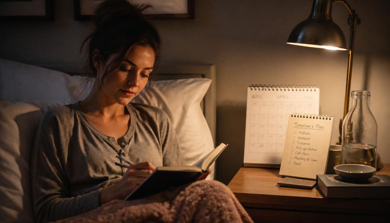 "Person planning tomorrow tonight with journal and calendar in peaceful bedroom setting.