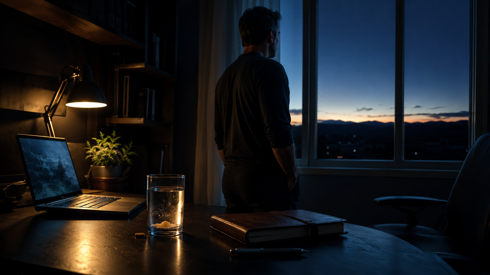 Entrepreneur turning away from laptop at 4:44 AM toward sunrise window with journal and water — morning routine habits to beat chaos and build momentum.