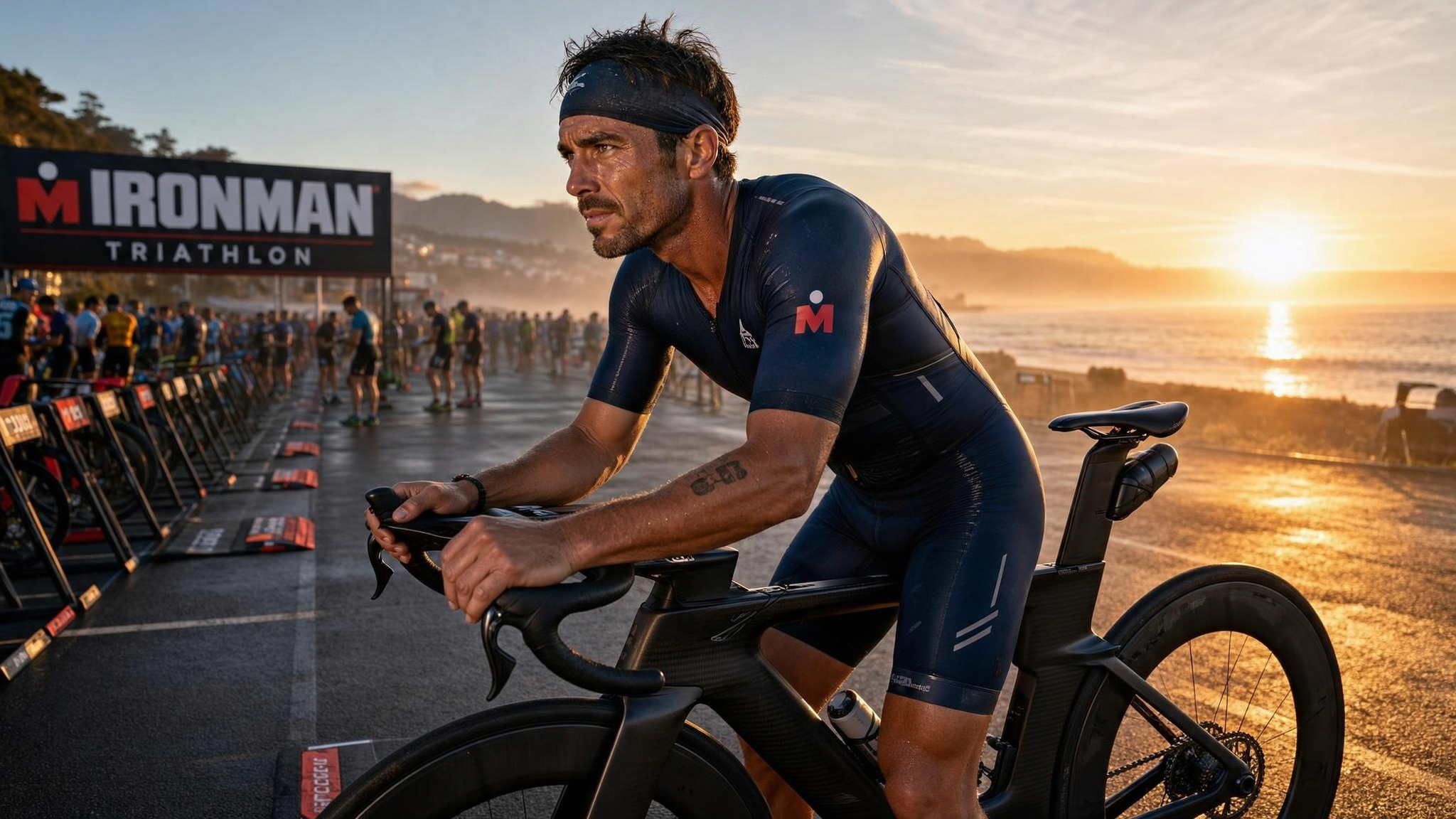 Athlete choosing hard at Iron Man starting line, overcoming injury and adversity to compete.