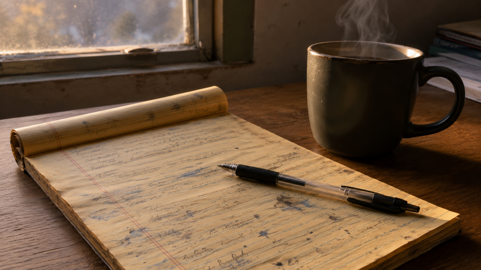 Notepad and pen on a desk representing the writing of a life-changing script