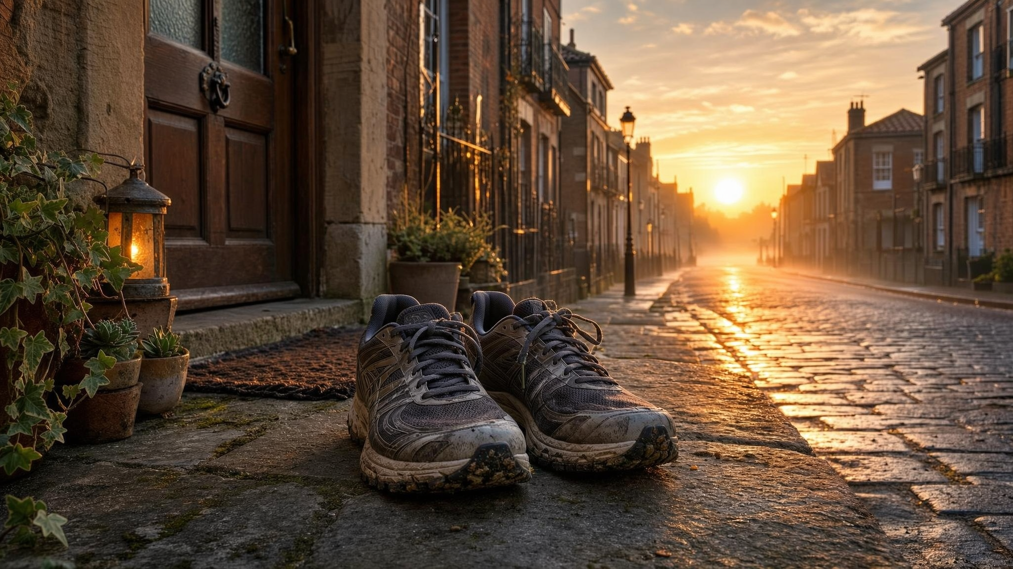 Running shoes at a doorstep at sunrise, symbolizing taking the next step