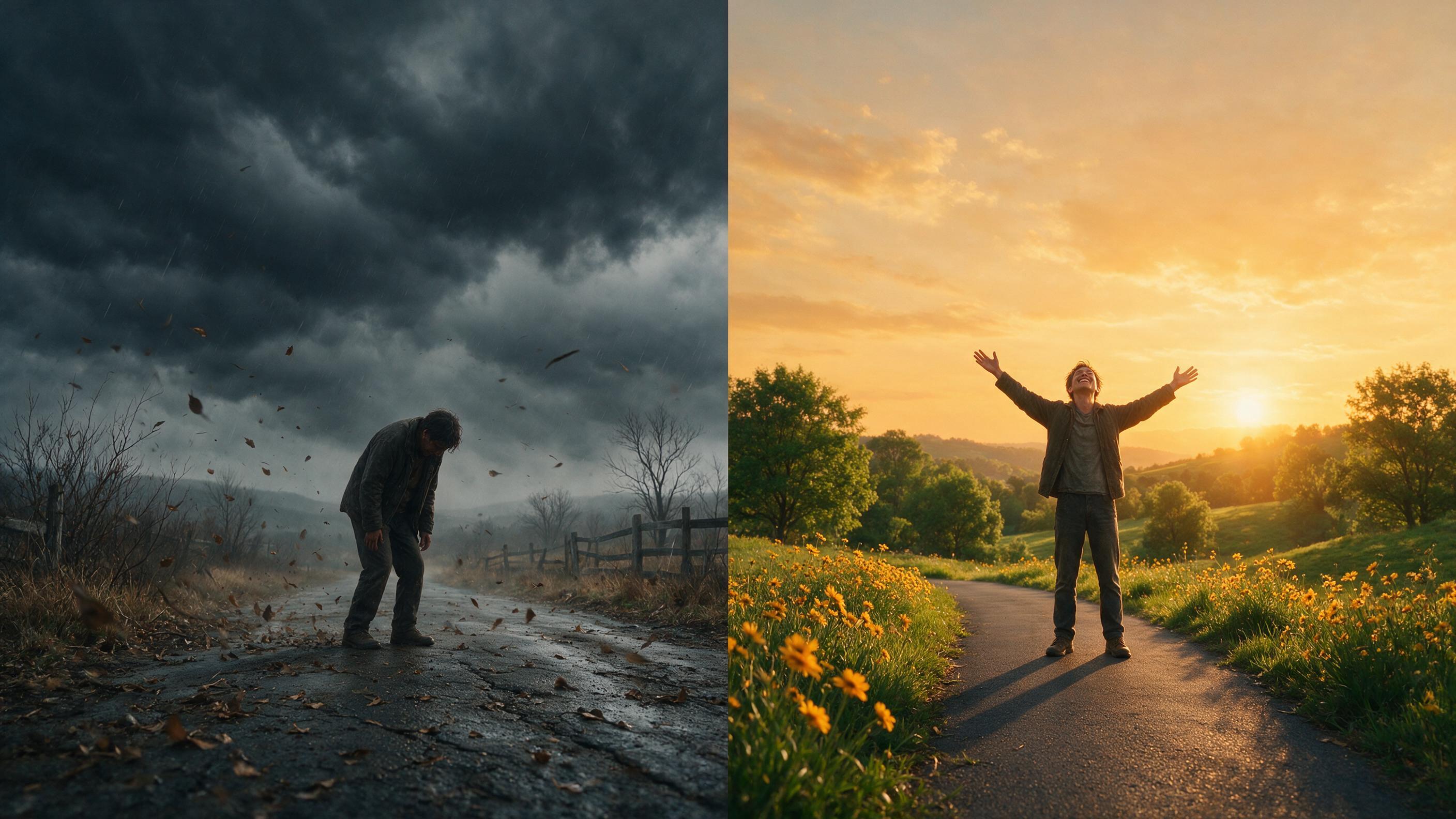 Split-frame before-and-after image showing a person weighed down on the left and standing tall and triumphant on the right.