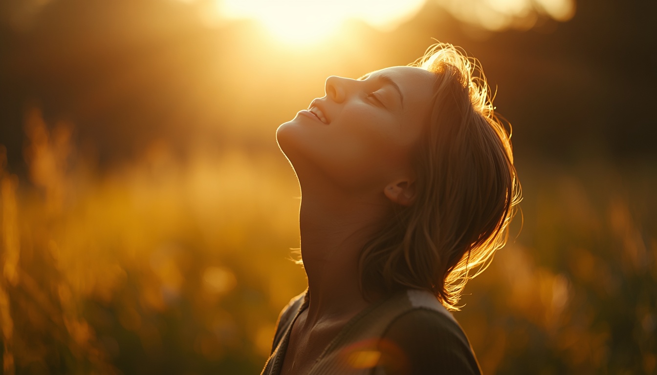 Person standing in golden morning light with eyes closed, expressing release and relief.