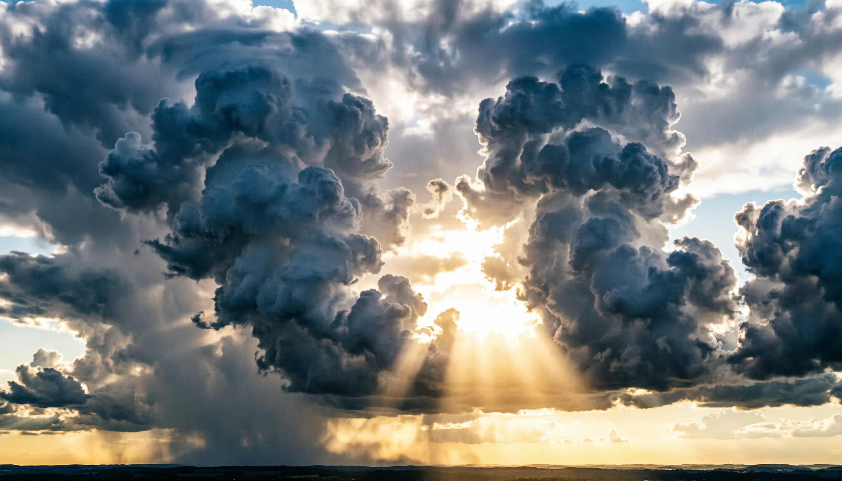 Storm clouds breaking apart to reveal bright sunlight, representing a sudden emotional shift.