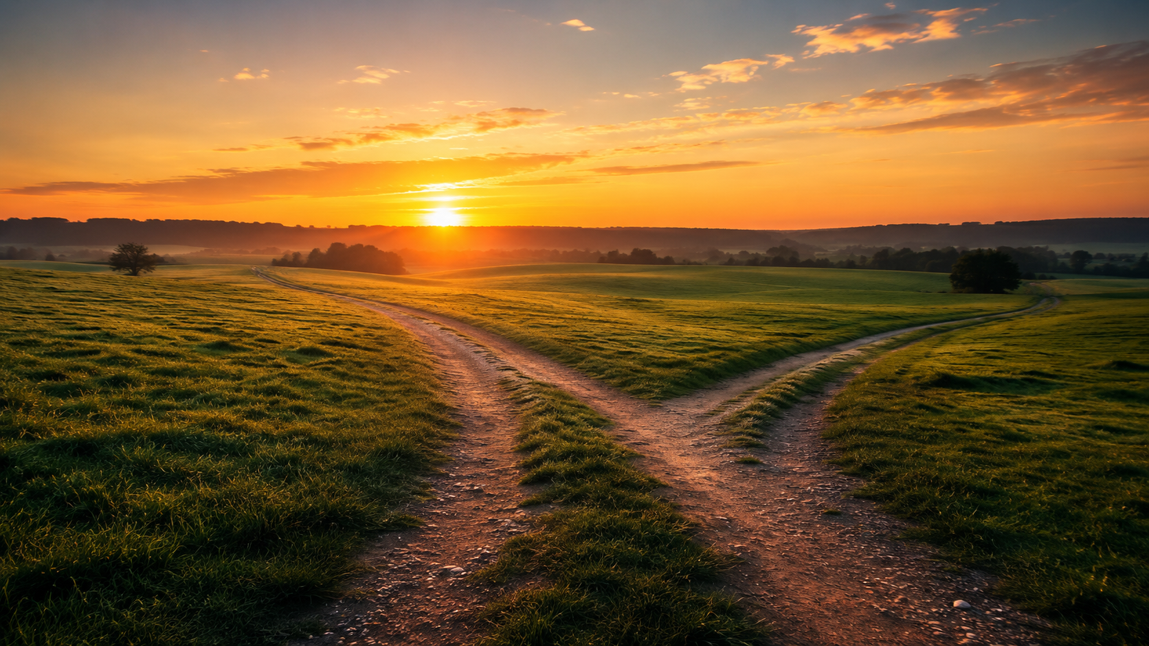 A winding path leading toward a golden sunrise over an open field. A winding path leading toward a golden sunrise over an open field.