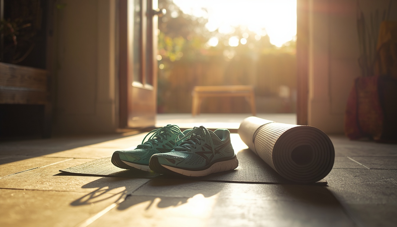 Running shoes and exercise mat ready by open front door at sunrise
