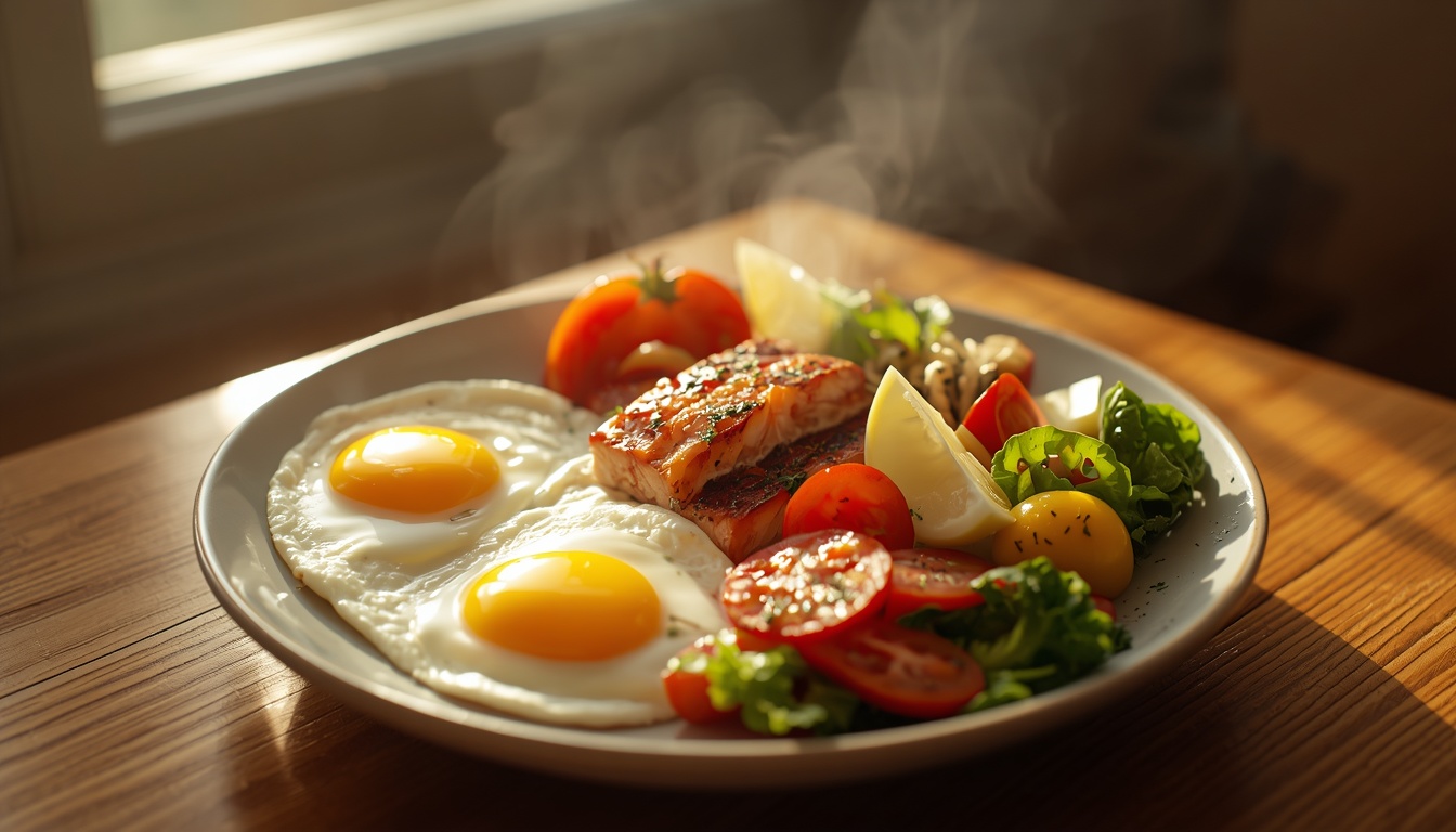 A protein-forward breakfast plate in morning sunlight, representing the foundation of blood sugar stability. A protein-forward breakfast plate in morning sunlight, representing the foundation of blood sugar stability.