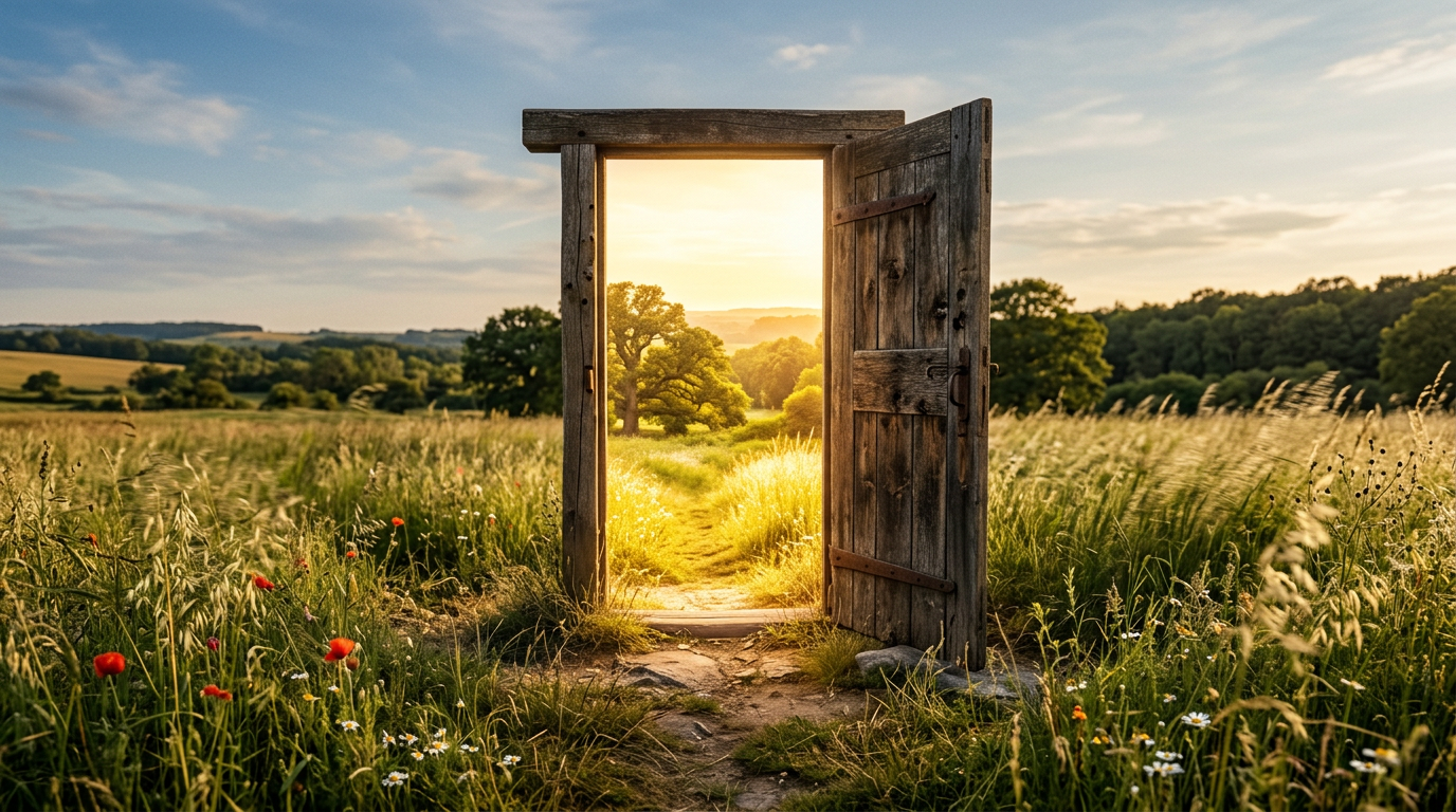 A weathered wooden door standing open in a sunlit field, representing the threshold into taking your next step. A weathered wooden door standing open in a sunlit field, representing the threshold into taking your next step.