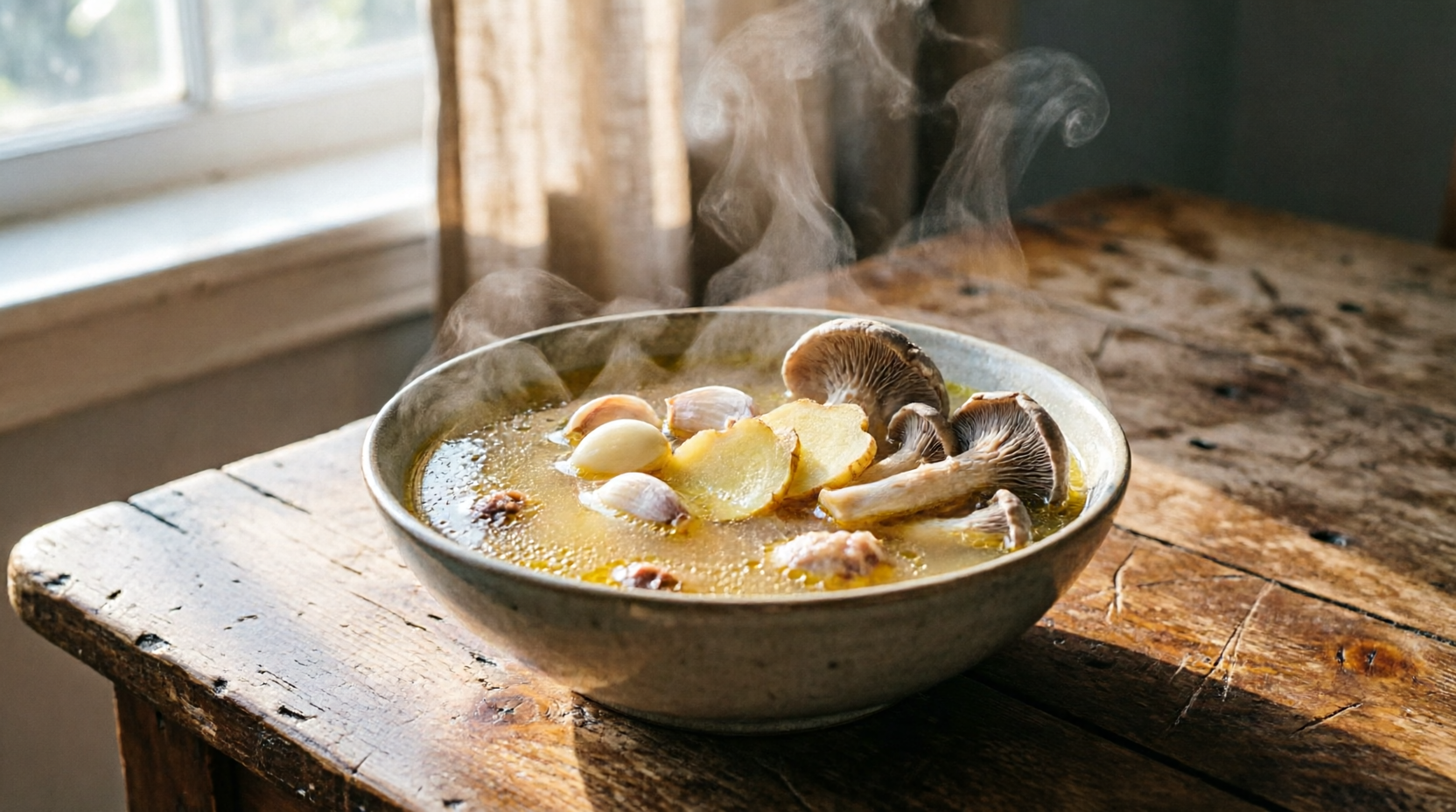 A steaming bowl of natural immune-boosting chicken bone broth with fresh garlic cloves, sliced ginger, and mushrooms on a rustic wooden table. A steaming bowl of natural immune-boosting chicken bone broth with fresh garlic cloves, sliced ginger, and mushrooms on a rustic wooden table.