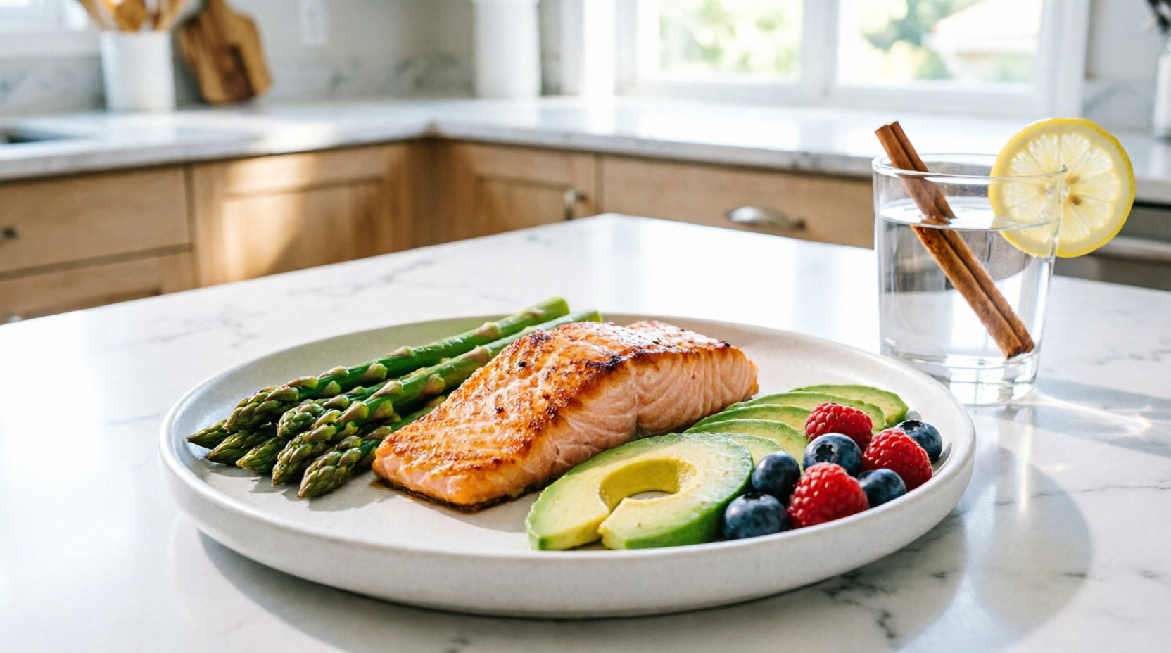 A blood-sugar-balancing meal featuring grilled wild-caught salmon, fresh asparagus, sliced avocado, and berries on a ceramic plate, next to a glass of water with cinnamon and lemon. A blood-sugar-balancing meal featuring grilled wild-caught salmon, fresh asparagus, sliced avocado, and berries on a ceramic plate, next to a glass of water with cinnamon and lemon.