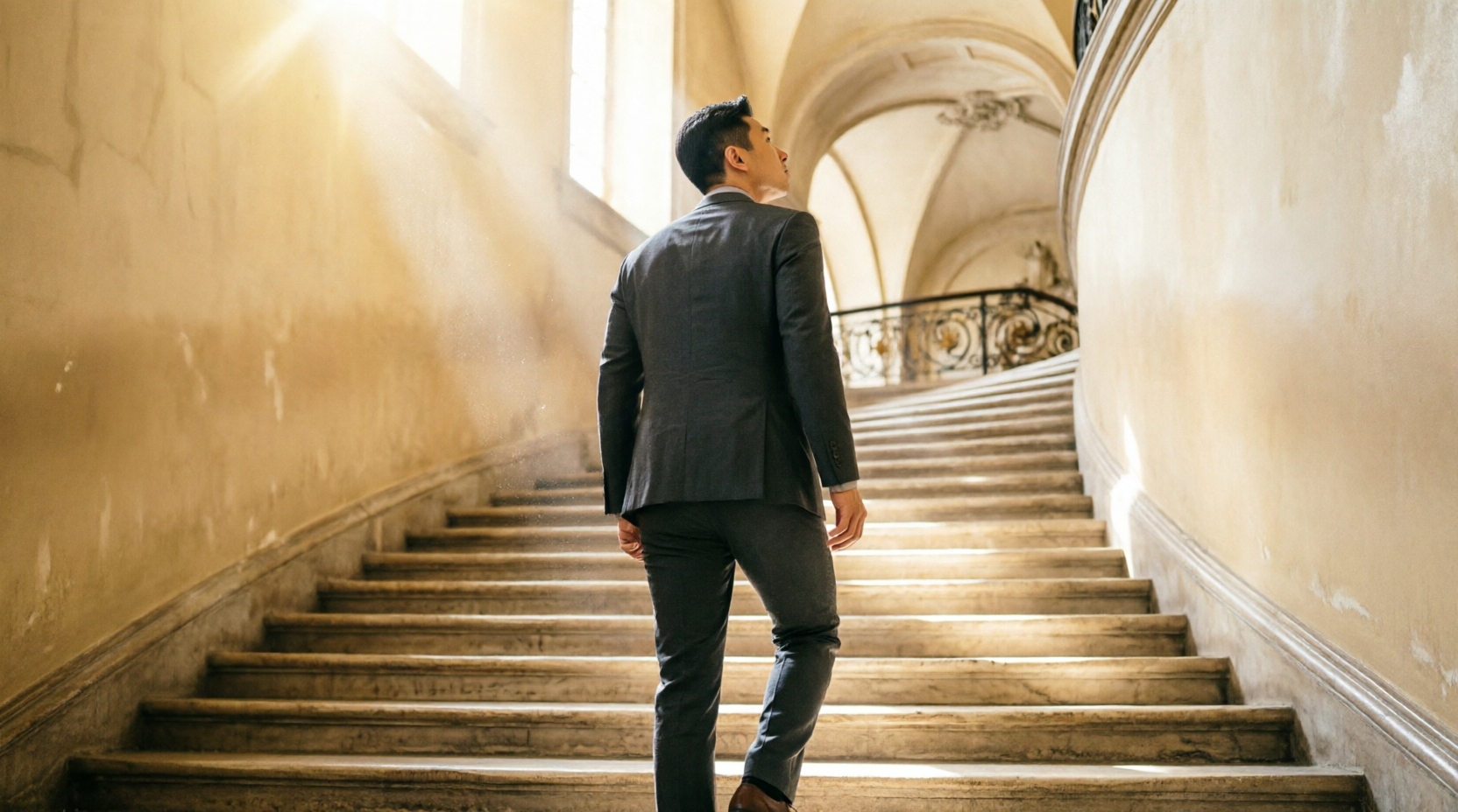 Person at the base of a staircase representing the first step of a health foundation. Person at the base of a staircase representing the first step of a health foundation.