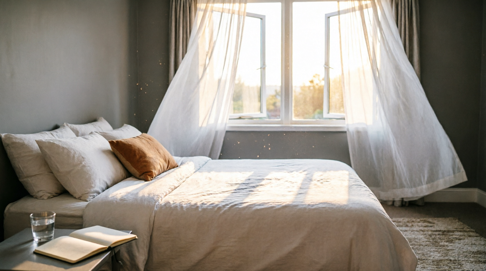 Serene dawn bedroom representing peaceful morning theta state programming Serene dawn bedroom representing peaceful morning theta state programming